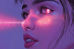Close-up digital artwork of a female face with glowing neon elements, an Illustration by AS photostudio