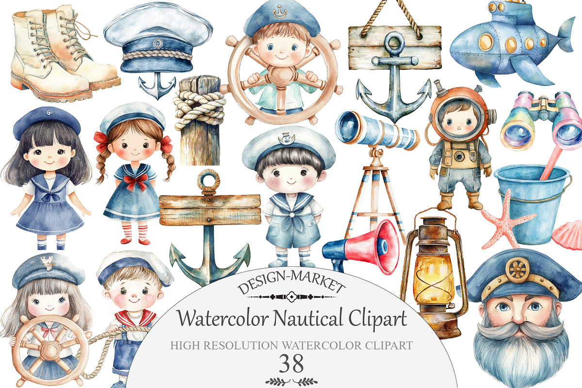 Watercolor Nautical Clipart, an Illustration by Design Market (Photo 1 of 4)