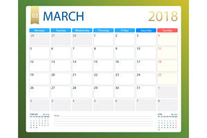 MARCH 2018, Illustration Vector Calendar Or Desk Planner, Weeks Start On Monday