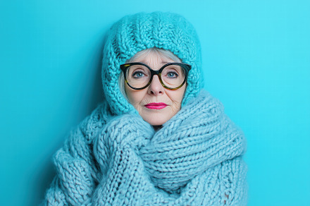 An elderly woman wrapped in a thick, knitted scarf and hat, with glasses, again, a Person Photo by Textures & Backgrounds