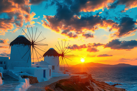 Mykonos sunset over historic windmil, a Photo by Iftikhar Alam