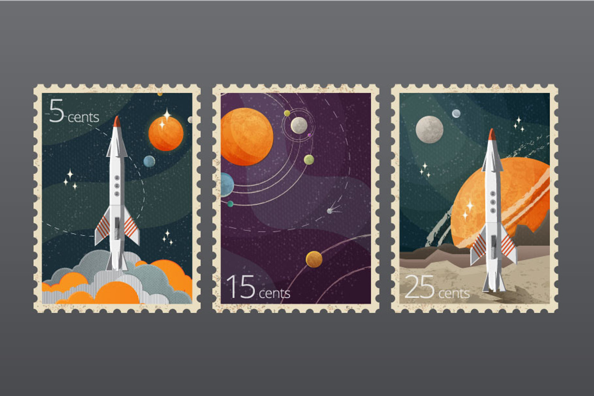 Vintage Space Postage Stamps, a Decorative Illustration by Zonda (Photo 2 of 7)