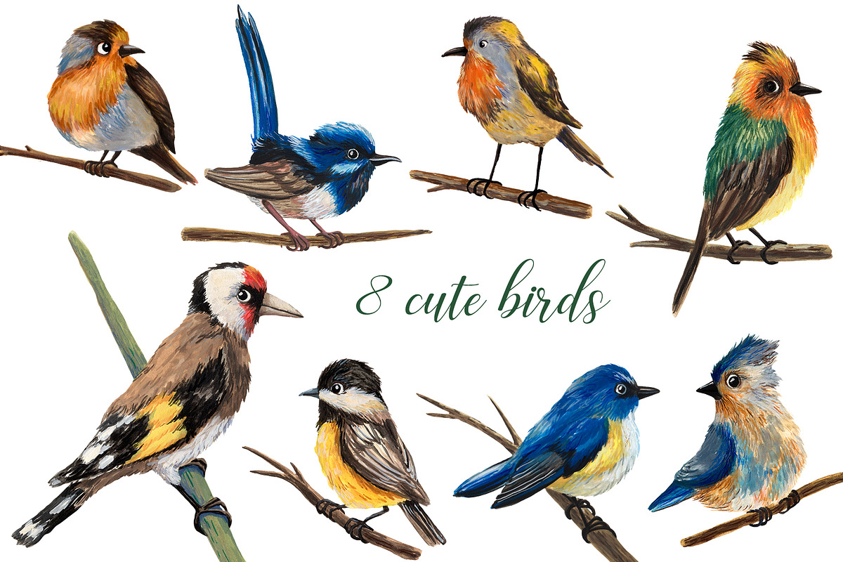 Forest Birds - Gouache Clipart Set, an Animal Illustration by Mashamashastu (Photo 2 of 11)