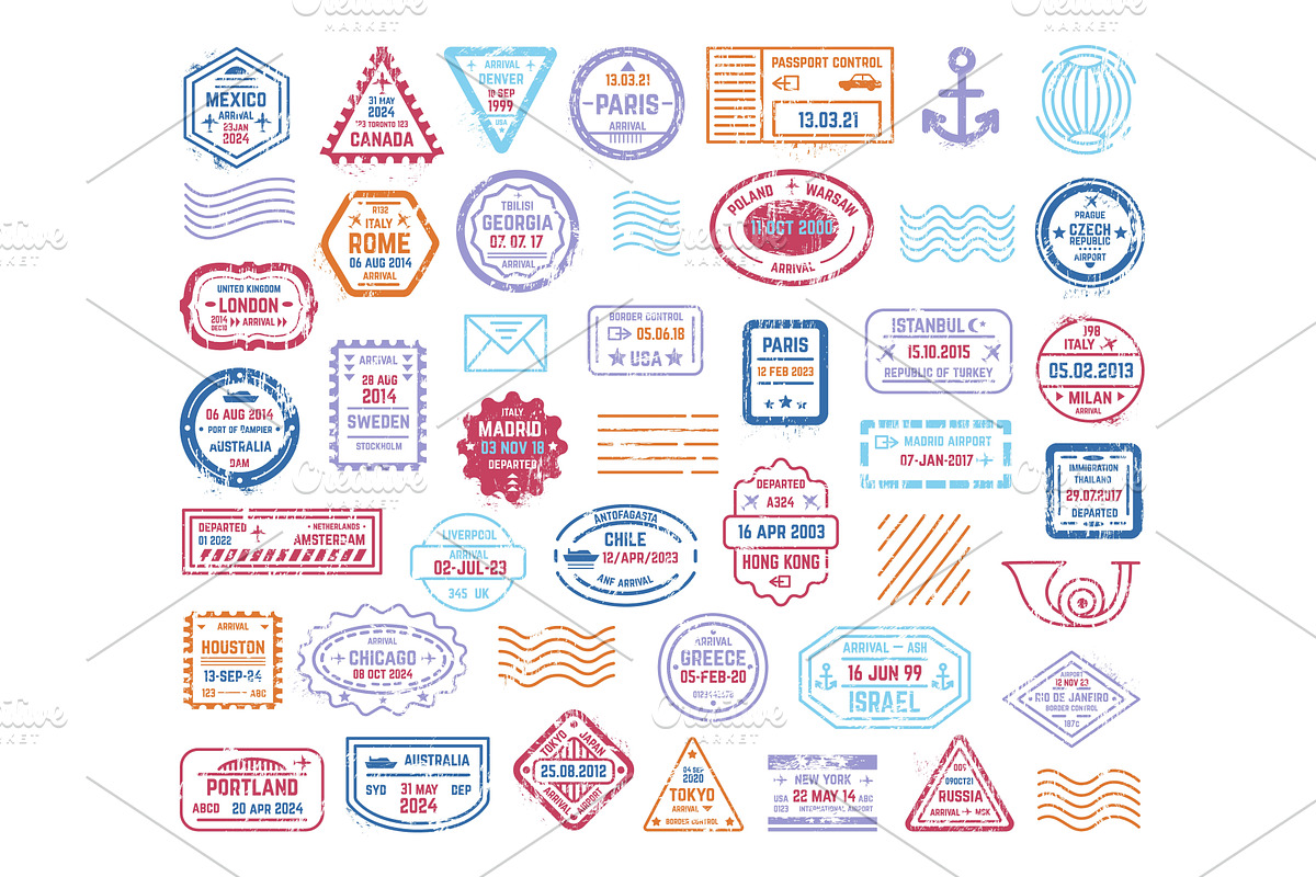 Travel stamps. Retro post stamp, an Object Illustration by Valerie Bodnar
