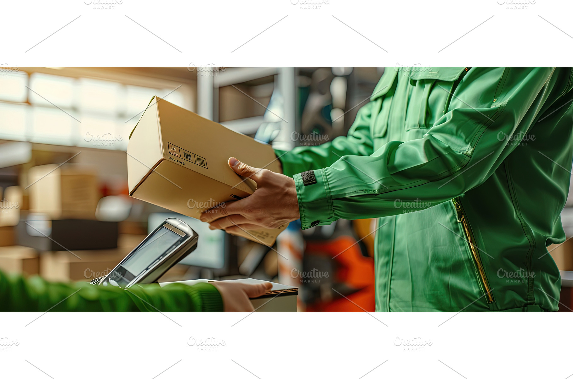 Courier Delivering Package at, a Transportation Photo by piter.goskov
