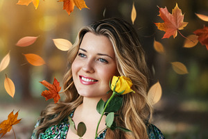 Young woman smiling, holding a yellow rose, with autumn leaves f, a Person Photo by Studio ANNA