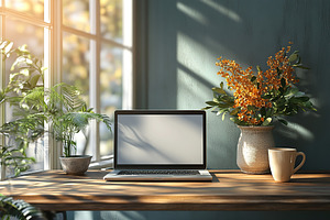 Bright home office with modern laptop and natural decor in the afternoon light, a Business Photo by AlyaAnd