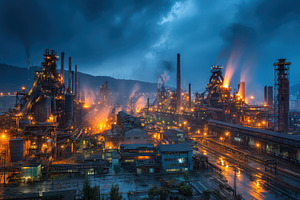 Night view of illuminated steel mill, a Photo by Pixeness Studio
