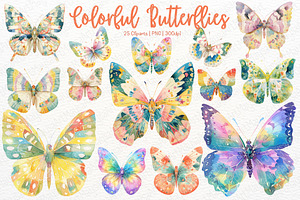 Watercolor Colorful Butterflies PNG