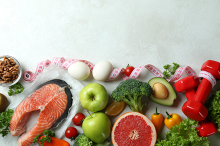 Healthy nutrition concept on white textured background, space fo, a Food & Drink Photo by AtlasStudio PRO