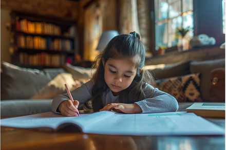 Focused Hispanic Young Girl Doing, a School & Education Photo by Lermont51
