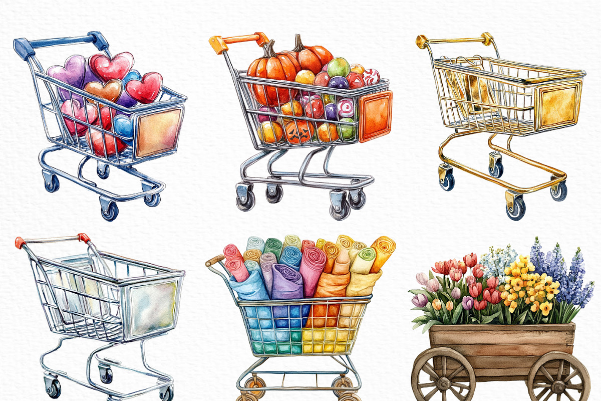 Watercolor Shopping Cart Clipart, an Illustration by Craft Nest (Photo 3 of 6)