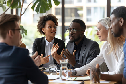Diverse multiracial businesspeople sitting at office desk discussing business p, a Person Photo by AlyaAnd