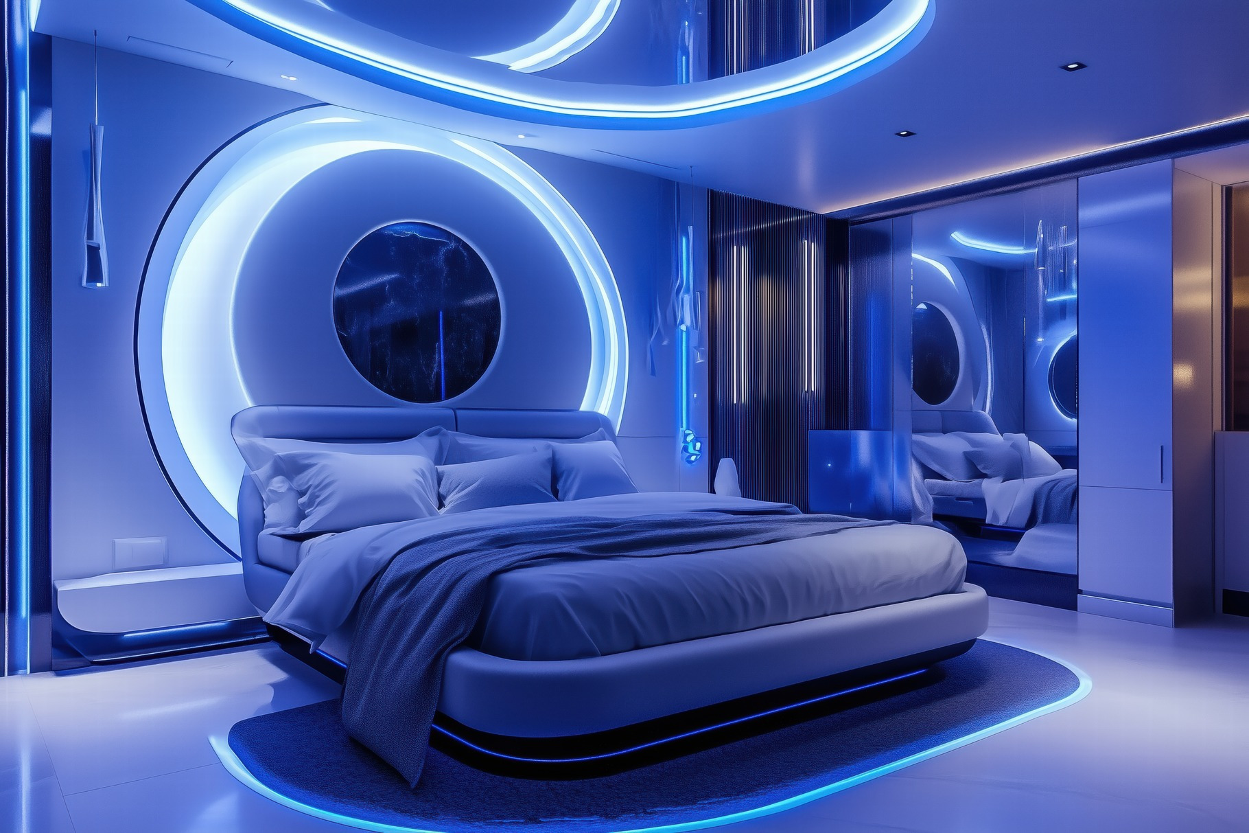 A modern Futuristic interior design style bedroom featuring futuristic ...