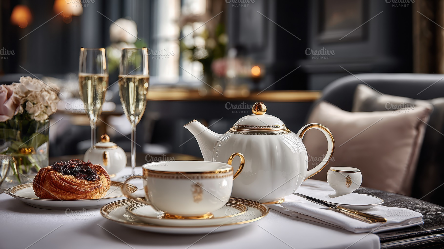 Elegant Afternoon Tea Setting Gold T, a Photo by Pixeness Studio