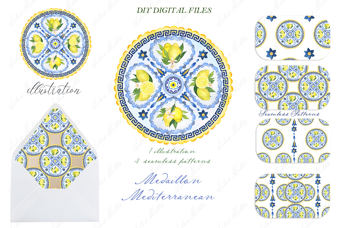 Blue Mediterranean Lemons Medallion, a Decorative Illustration by LABFcreations (Photo 4 of 4)