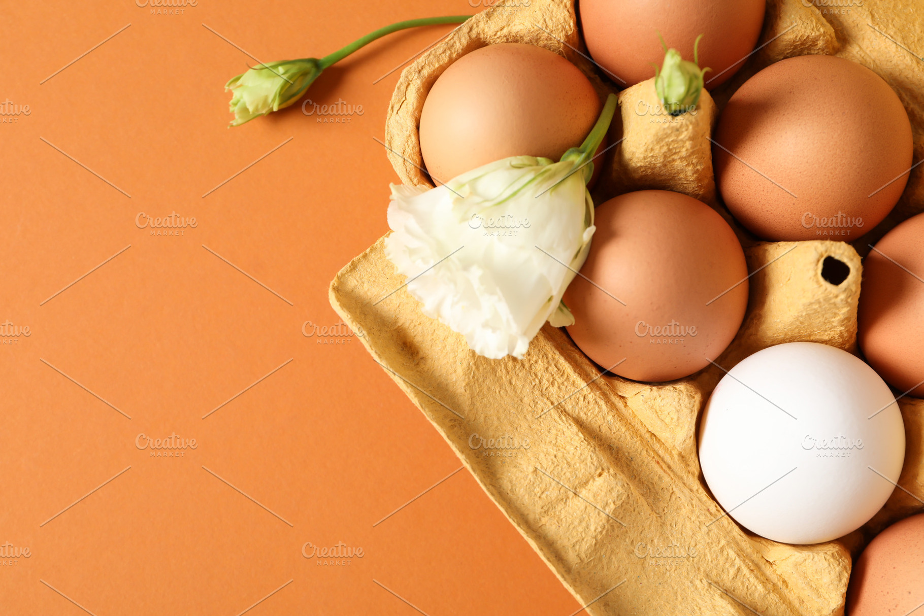 Concept of spring, eggs with flowers, space for text, a Food & Drink Photo by AtlasStudio PRO