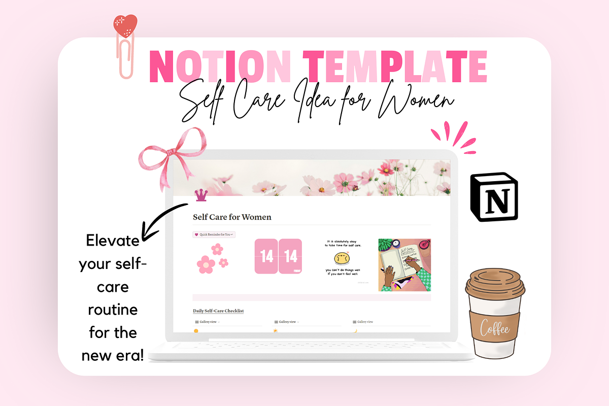 Notion Self Care Ideas for Women, a Templates & Theme by bellaROSEworkshop (Photo 1 of 11)