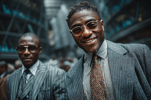 Smiling African businessmen in tailored suits networking in a bustling urban ma, a Photo by AS photostudio