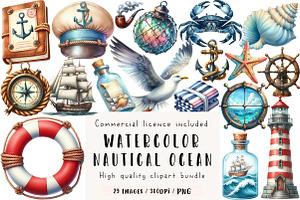 Nautical Ocean Watercolor Clipart, an Illustration by CreationArt