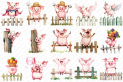Funny Pig on Fence Clipart, an Illustration by Watercolor design (Thumbnail 2 of 12)
