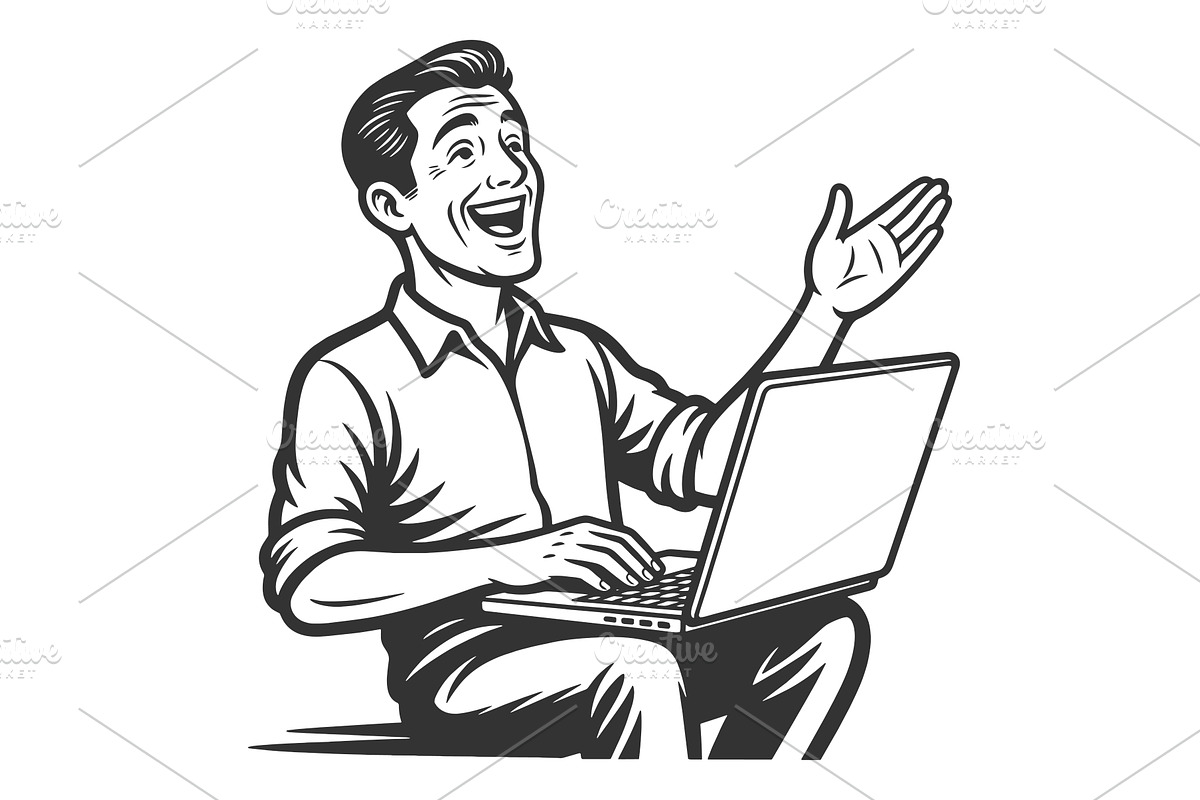 Happy Man Using Laptop Laughing, a Person Illustration by AlexArt