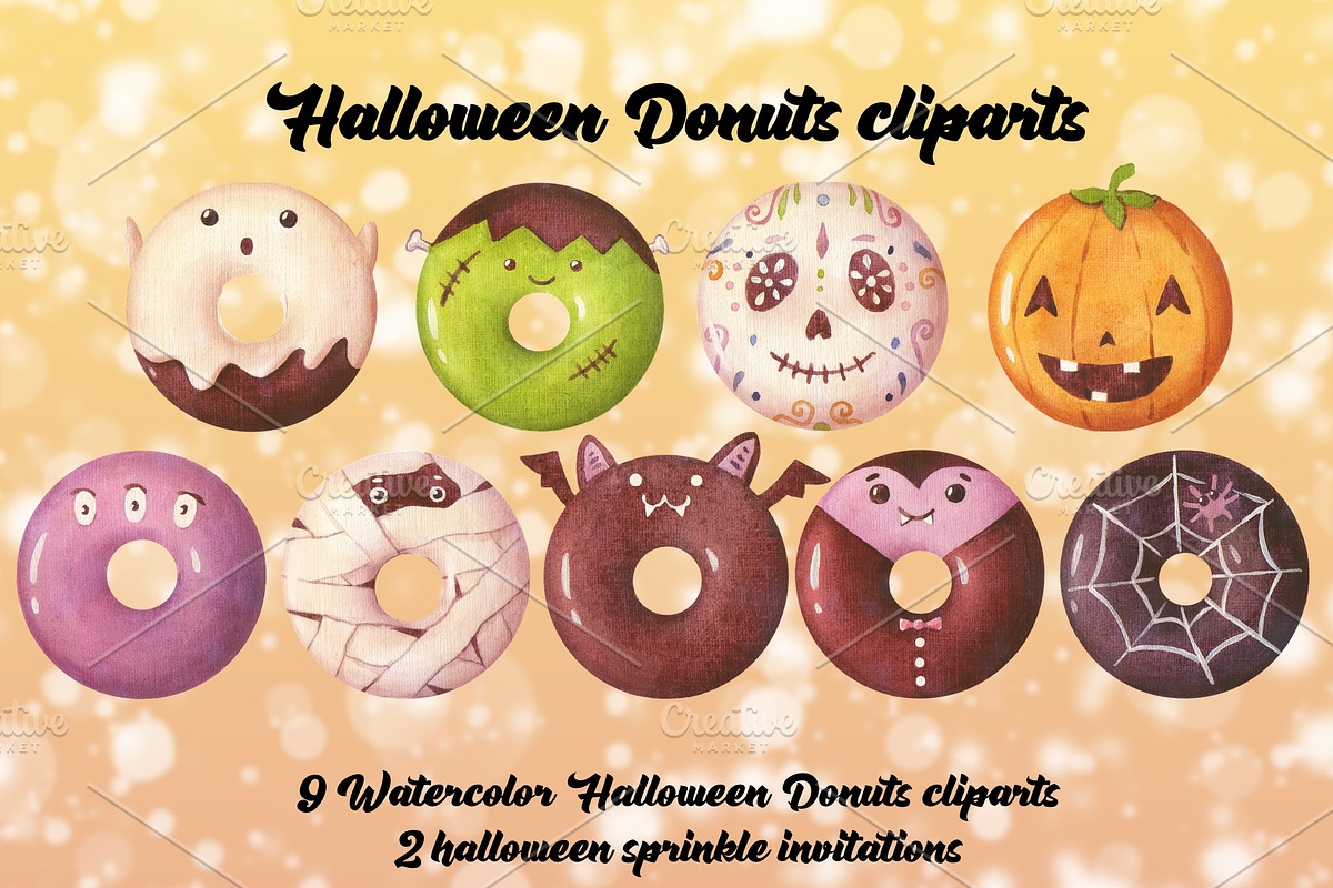 Watercolor Halloween Donut Cliparts, an Illustration by Whimseez (Photo 1 of 4)