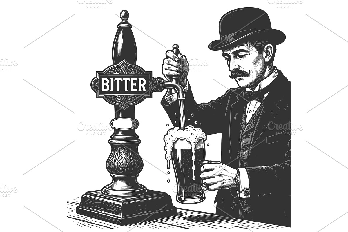Victorian Bartender Pouring Pint of, a Person Illustration by AlexArt