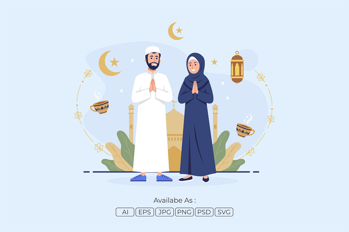 Eid Al-Fitr Greeting with Muslim, a Seasonal Illustration by Partikusi Design (Photo 2 of 3)