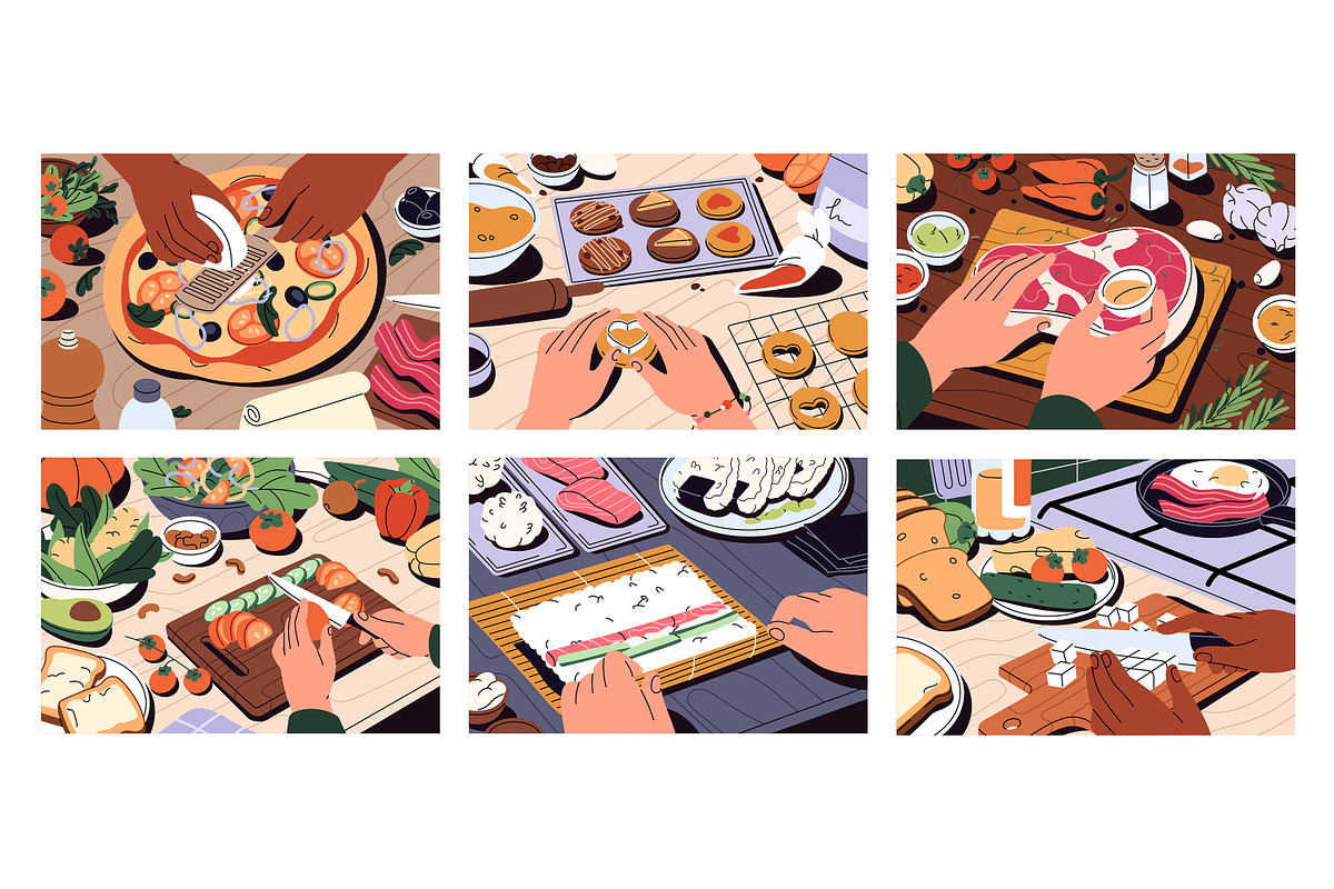 Hands cooking food, top view set, a Food Illustration by PaperTrident (Photo 1 of 8)