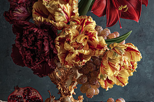 Baroque still life arrangement featuring red amaryllis, parrot t, a Photo by Studio ANNA
