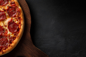 Pepperoni pizza on wooden board, a Food & Drink Photo by MistyDay