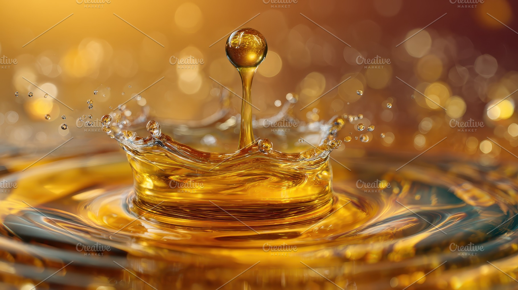 Golden liquid drop splashing creatin, a Photo by Pixeness Studio