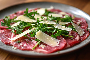 Delightful beef carpaccio topped with fresh arugula and parmesan shavings serve, a Food & Drink Photo by AlyaAnd