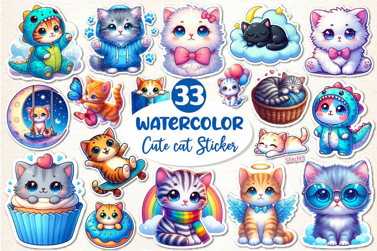 Cute cat Sticker Clipart Bundle, an Illustration by Dream Creation (Photo 1 of 4)