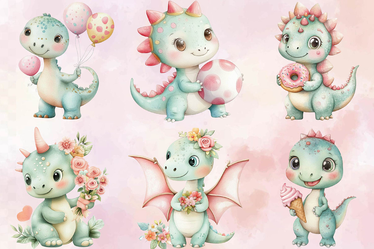 Cute Watercolor Dinosaur Clipart Bu, an Illustration by SVGArt (Photo 5 of 9)