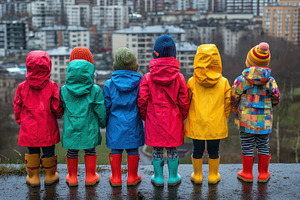 Children enjoy rainy rooftop view, a Photo by Pavel_design