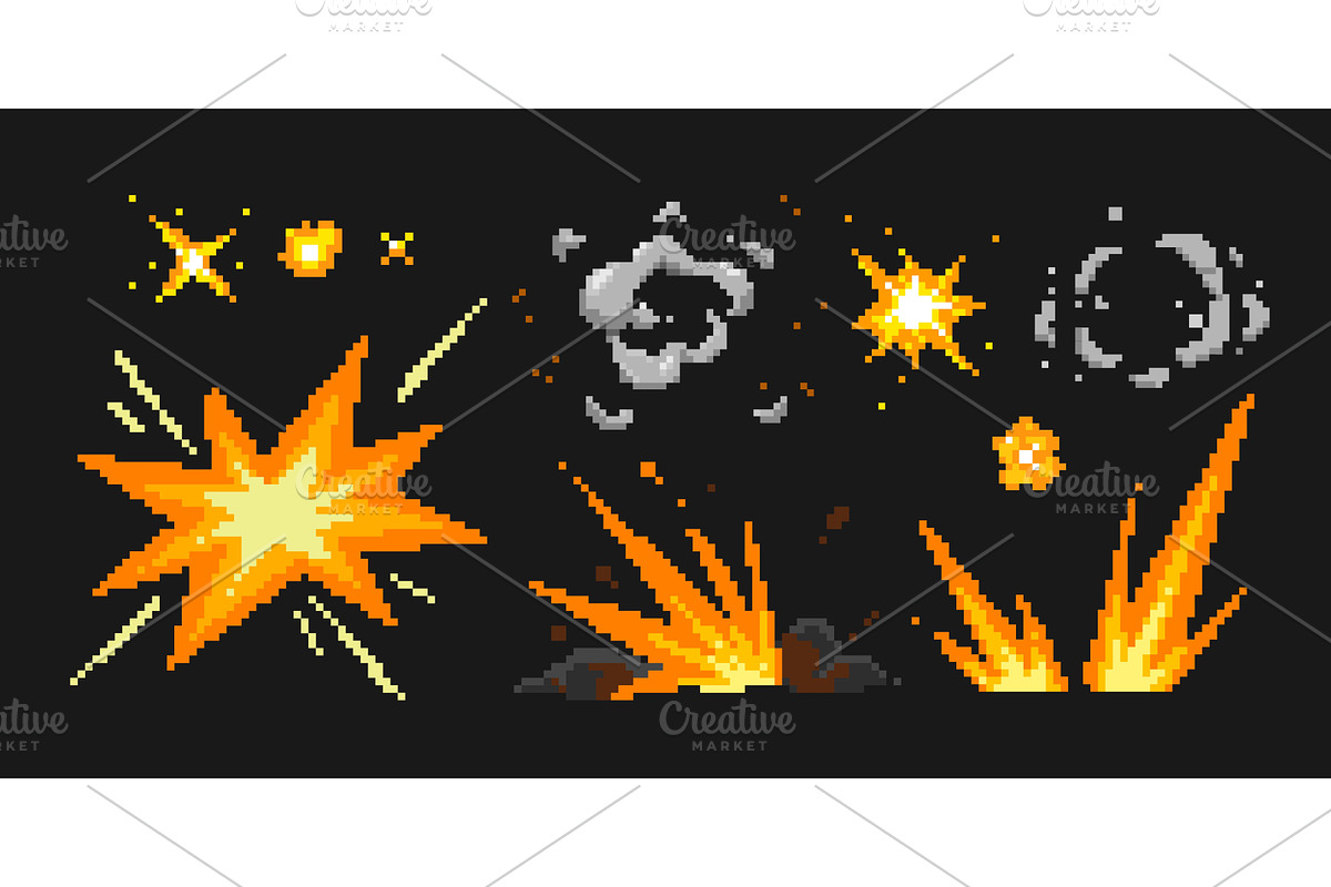 Pixel explosion effects with flames, an Object Illustration by art PVP - market