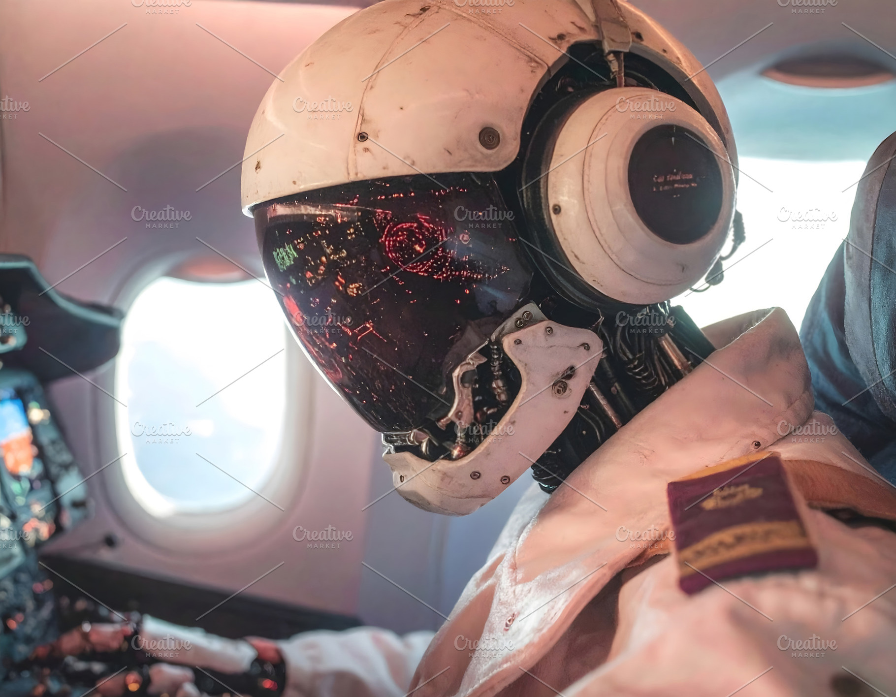 Robot pilot operating aircraft cockpit with visible reflections, a Technology Photo by GoodGoods