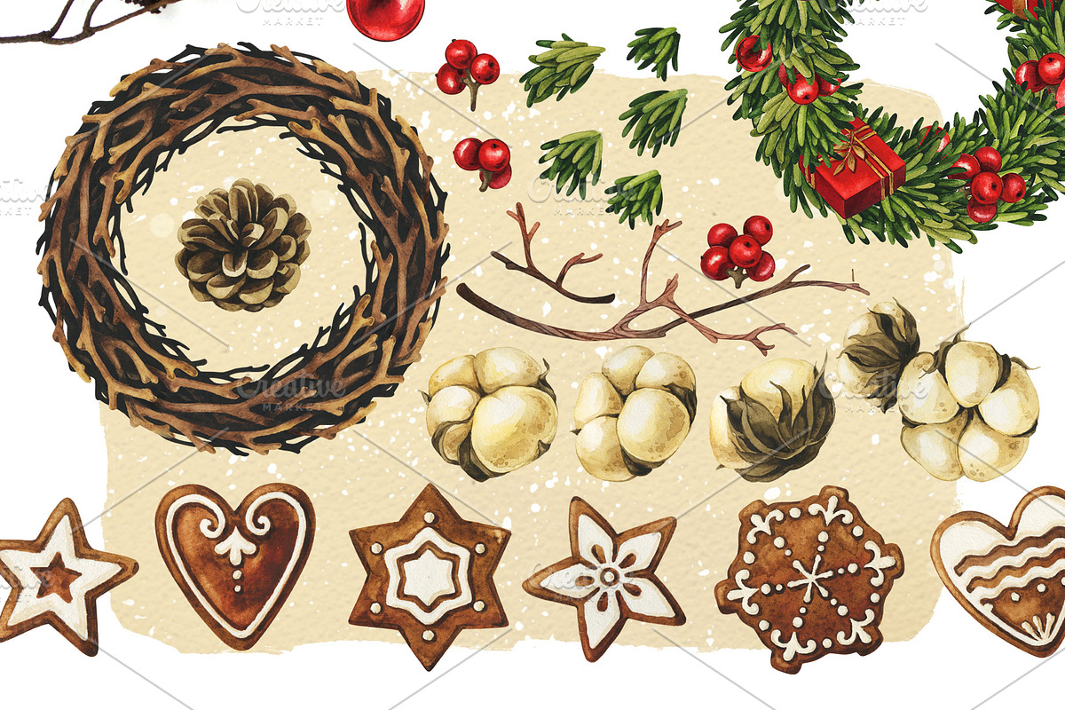 Vintage Christmas watercolor clipart, a Decorative Illustration by Color and Decor (Photo 7 of 7)