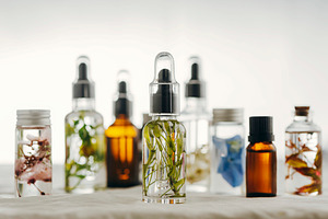 Transparent bottles of essential oil stock photo containing essential and oil