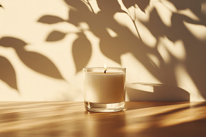 Cozy Candlelight with Soft Plant Shadows on Wooden Surface, an Abstract Photo by Natalia Klenova's Shop