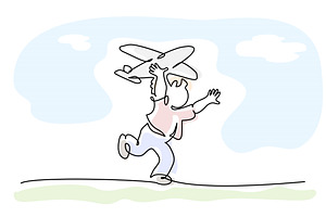 Happy boy playing toy airplane, an Education Illustration by Valenty