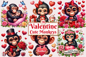 Valentine Cute Monkeys Clipart, a Seasonal Illustration by Craft Nest