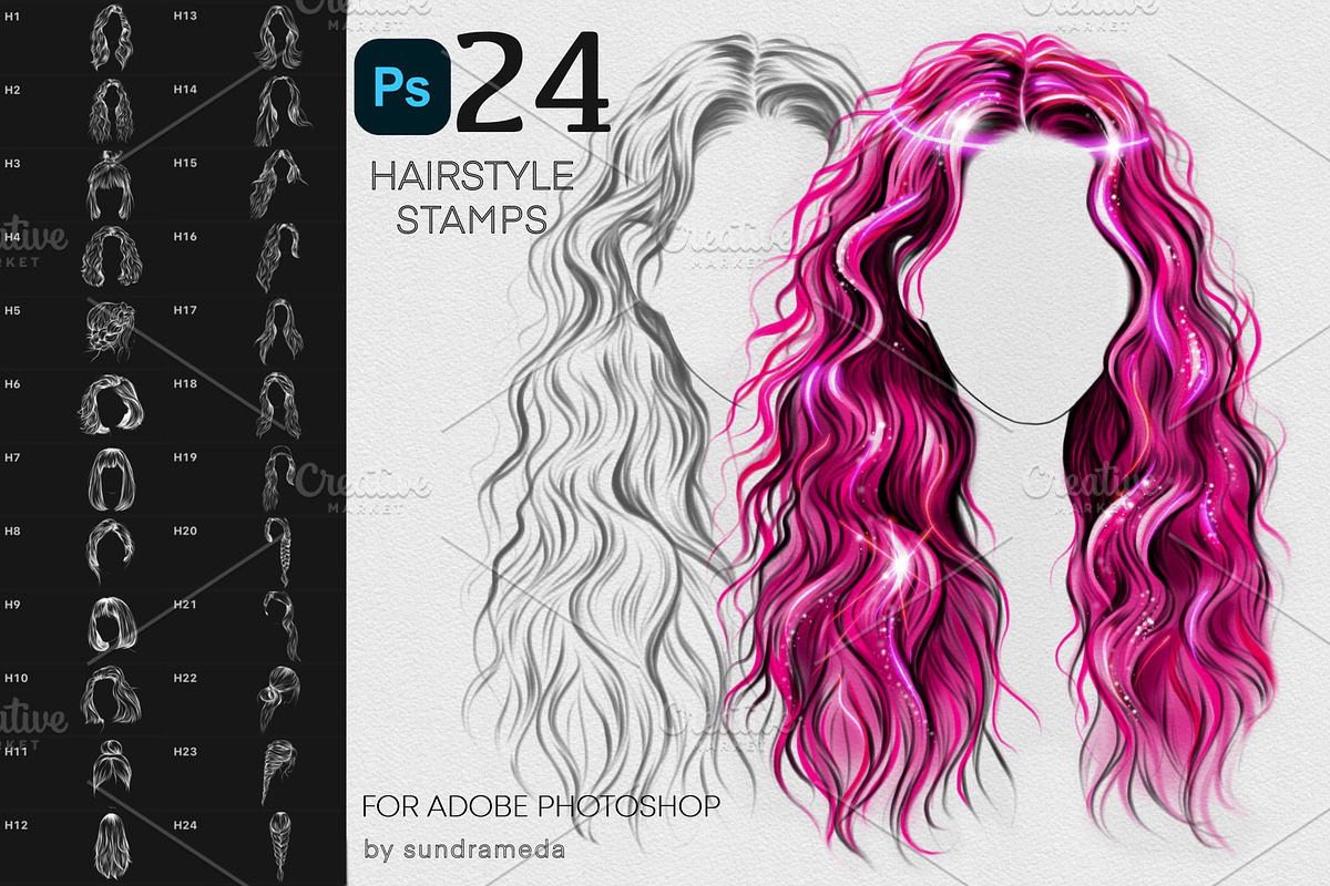24 Hairstyle Stamp Brushes Photoshop, a Brush Add-On by sundrameda (Photo 1 of 6)
