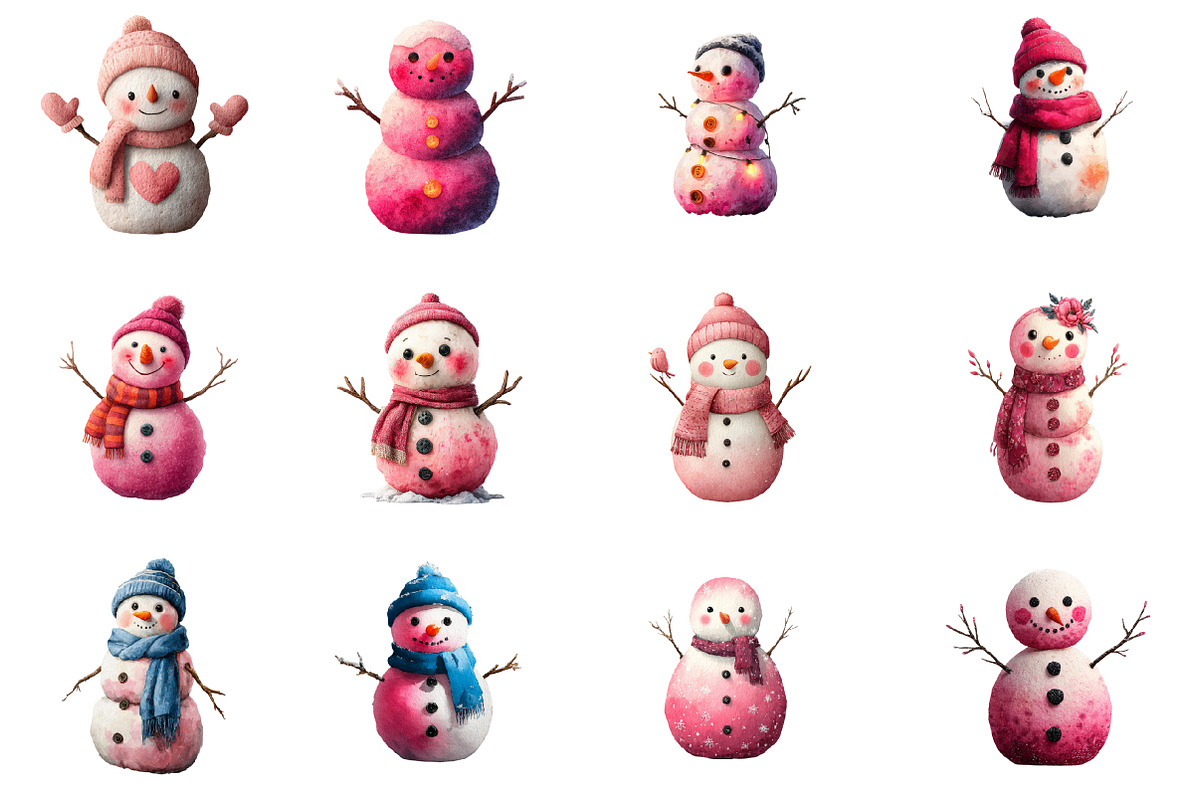 Watercolor Pink Snowman Clipart, an Illustration by Design Market (Photo 2 of 3)