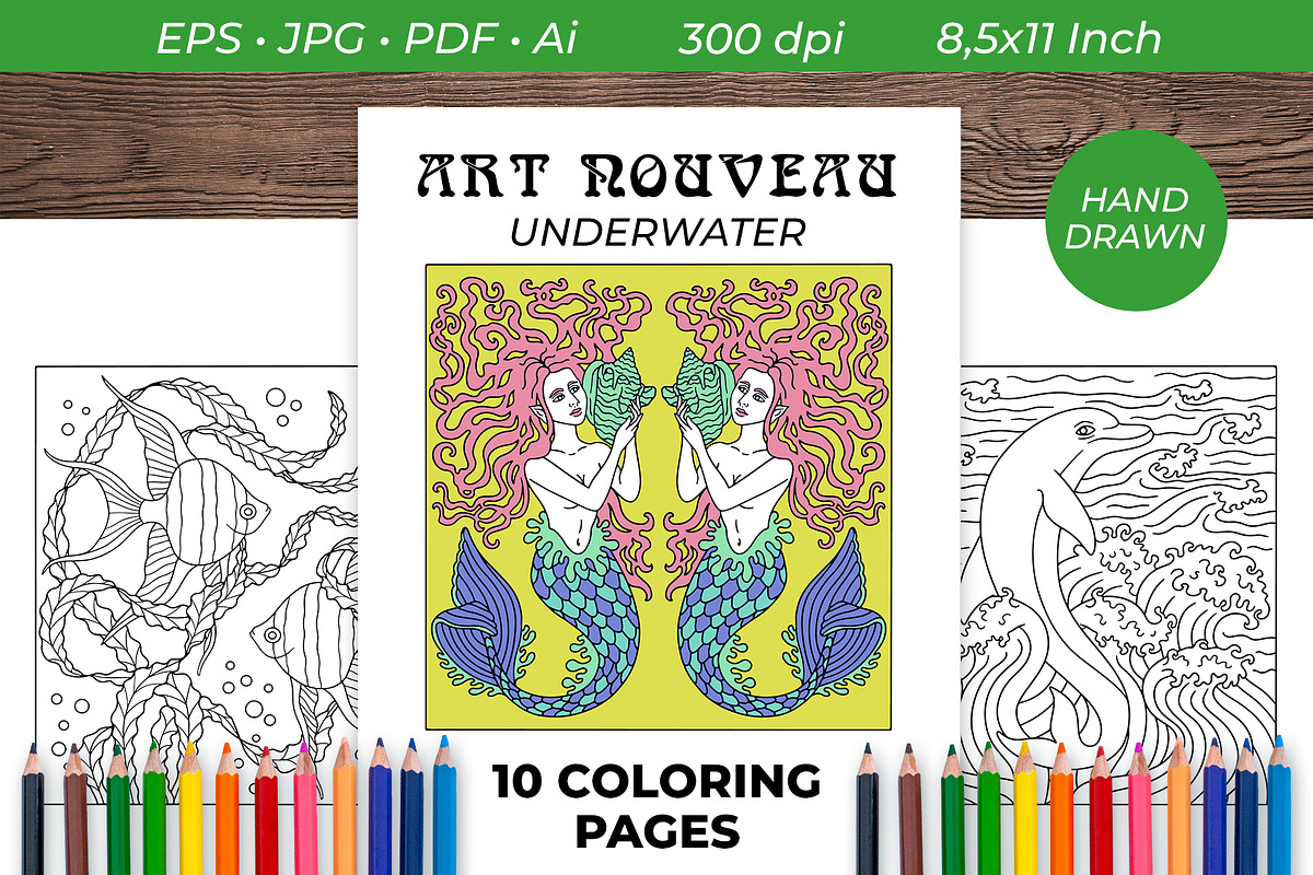 Art Nouveau Sea Coloring Book Pages, a Print Template by Rose Design (Photo 1 of 6)