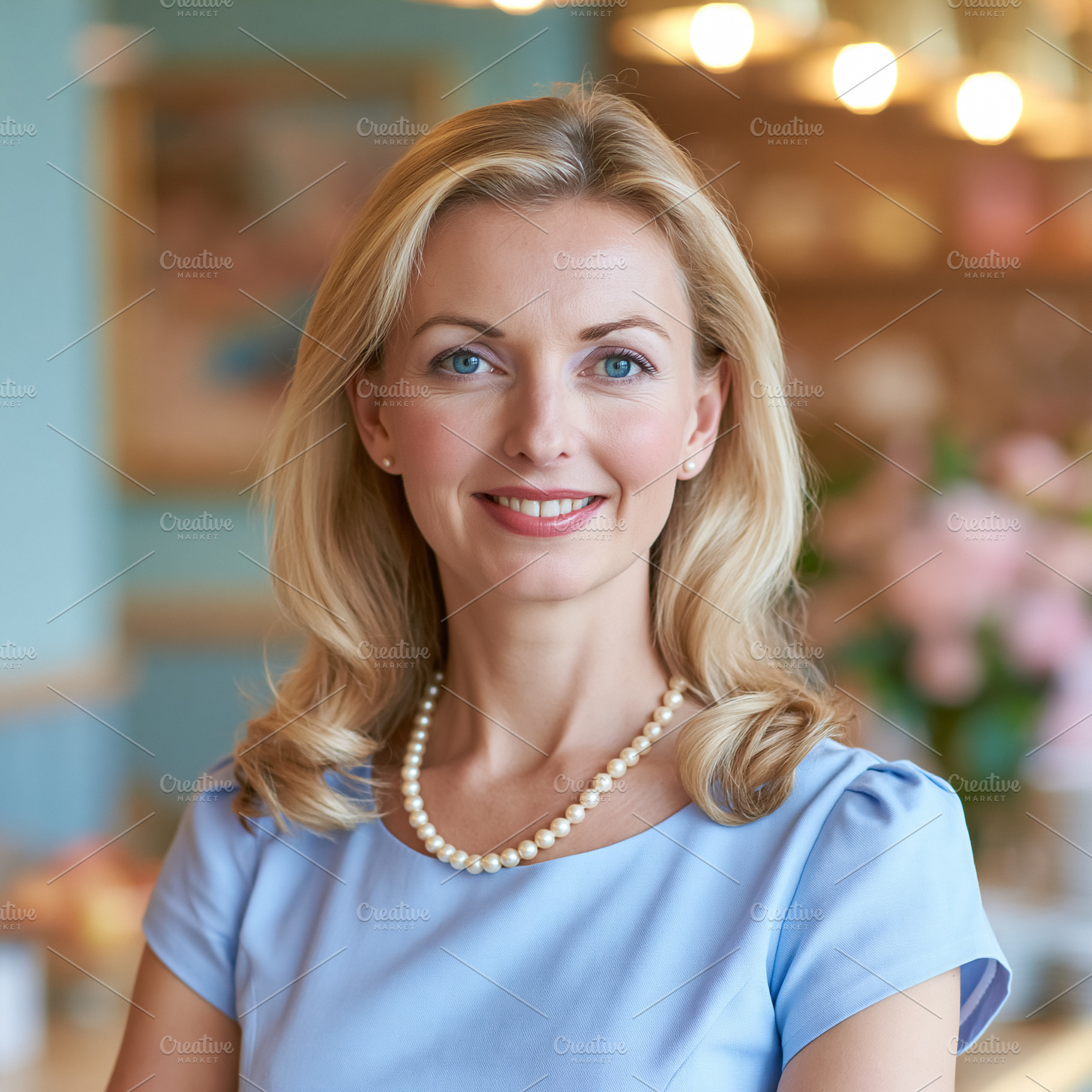 Professional blonde woman smiling confident, wearing a pearl nec, a Person Photo by Studio ANNA