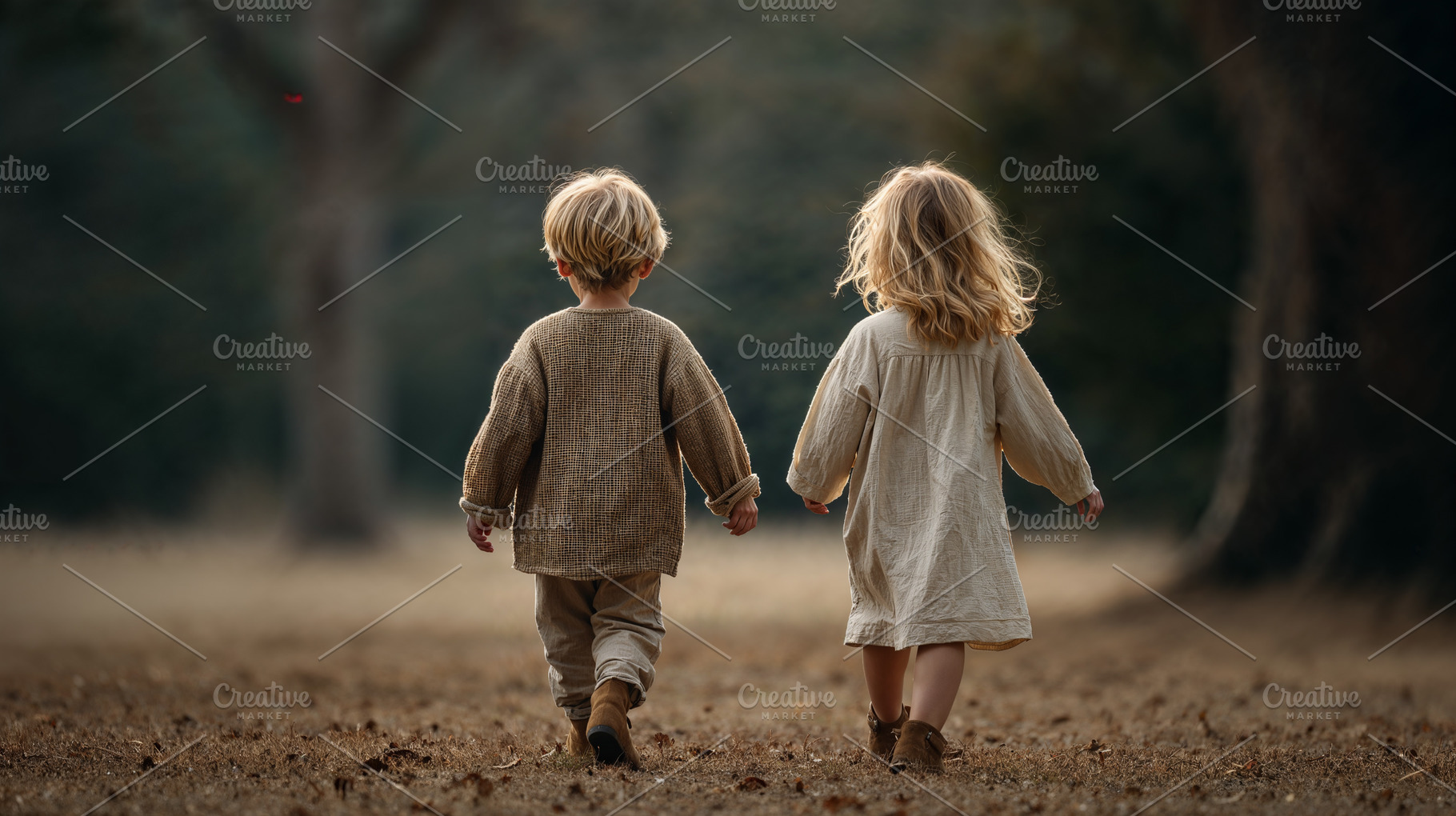 Children walk hand in hand through a, a Photo by OSORIOartist