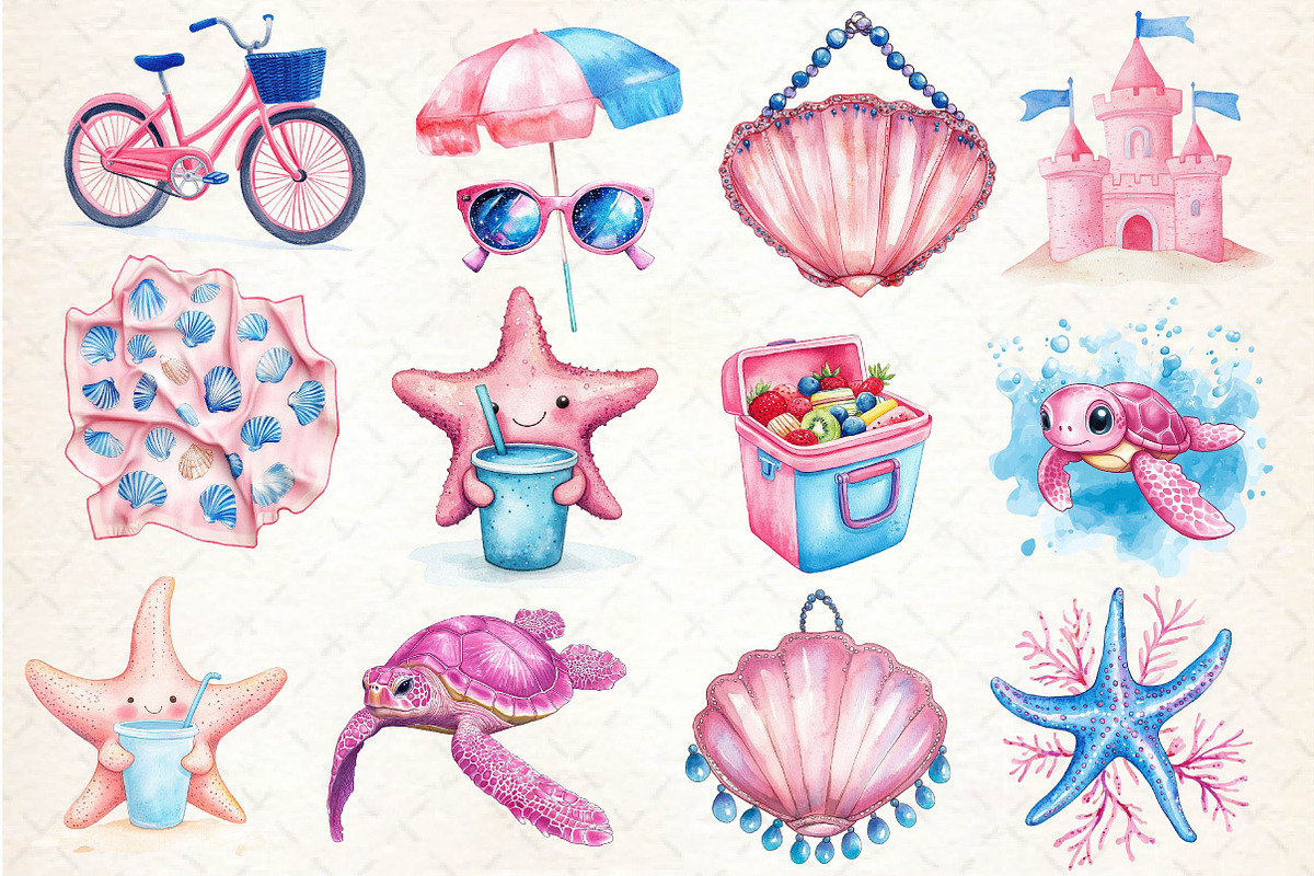 Summer Pink & Blue Coastal Clipart, an Illustration by Dream Creation (Photo 2 of 4)